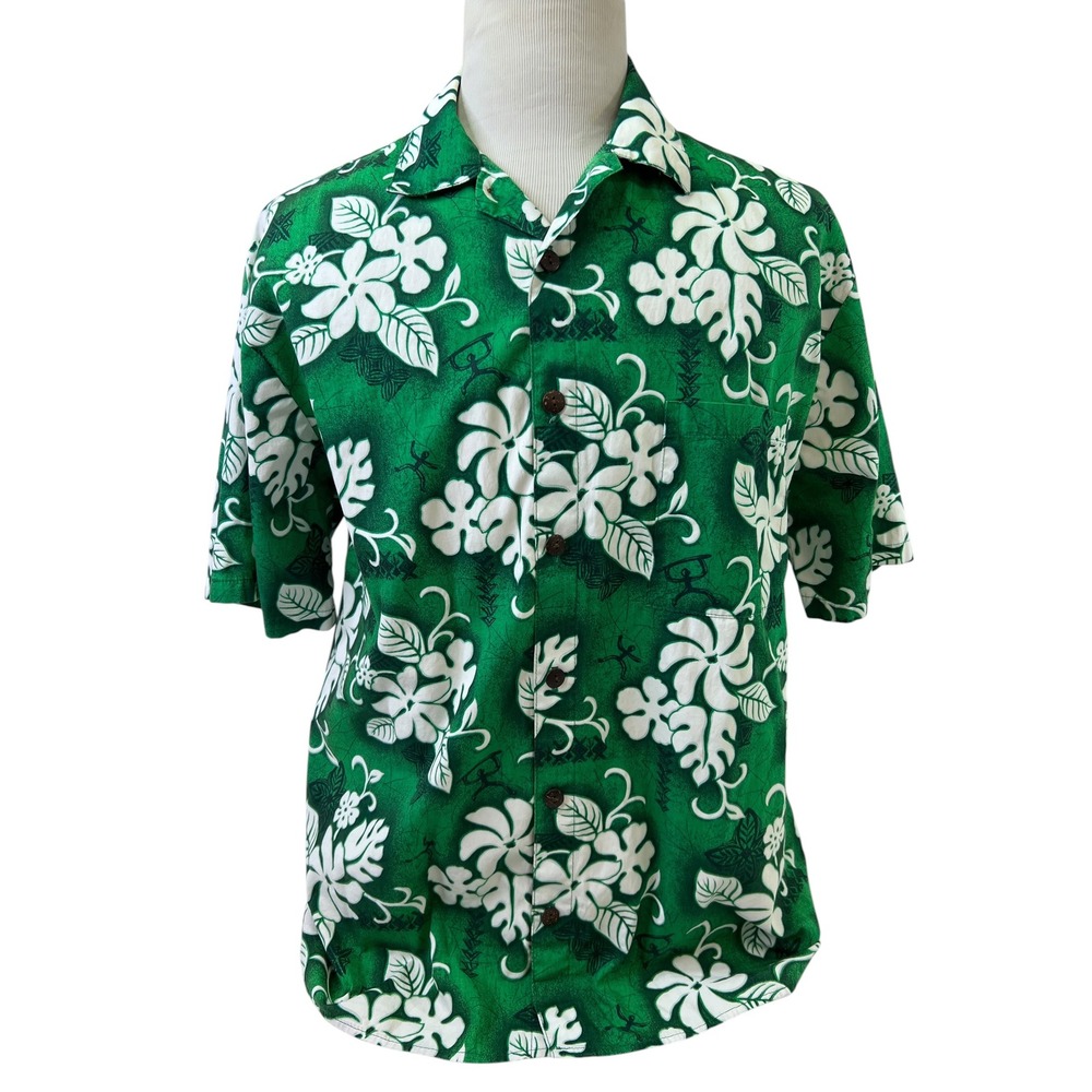 Hilo Hattie Hawaiian Shirt Mens XL Green White Floral Petroglyph‎ Coconut Button